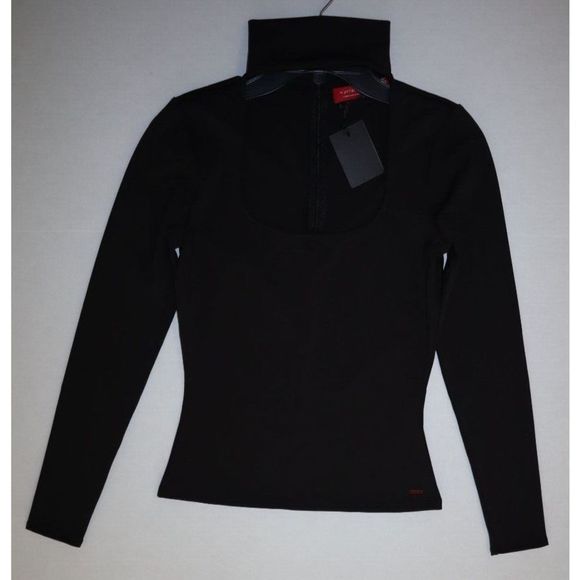 n:philanthropy Women's Sz S Black Long Sleeve Distressed Keyhole Choker Neck Top - Picture 8 of 10